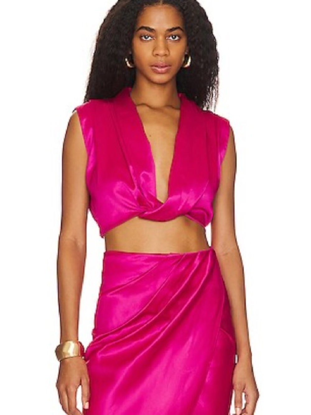 Line & Dot Fuchsia Satin Twist Crop Top
